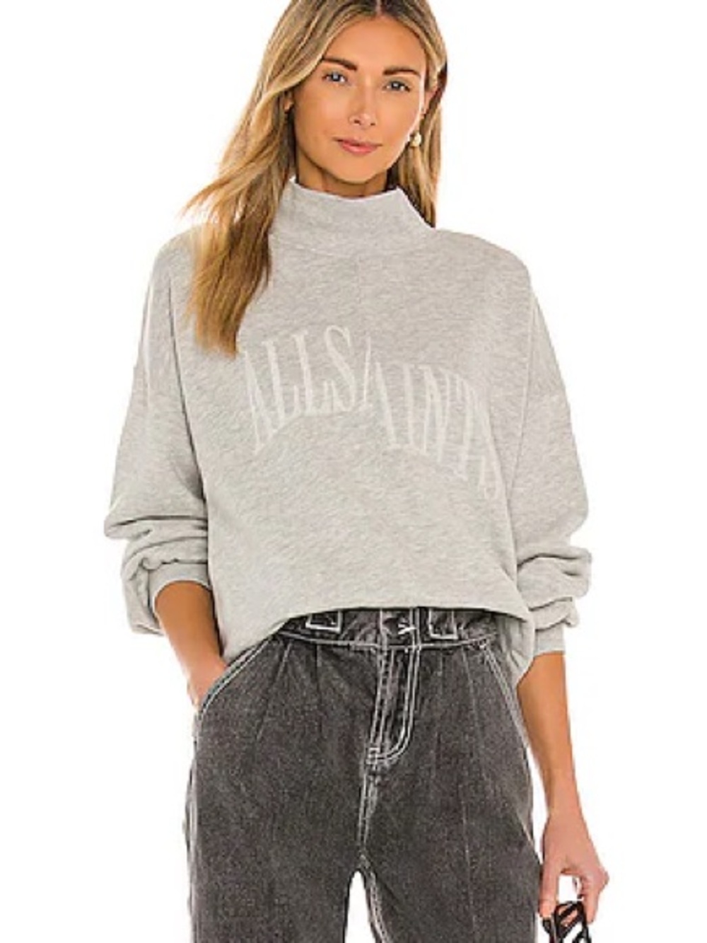 All Saints Heather Gray High Neck Logo Sweatshirt